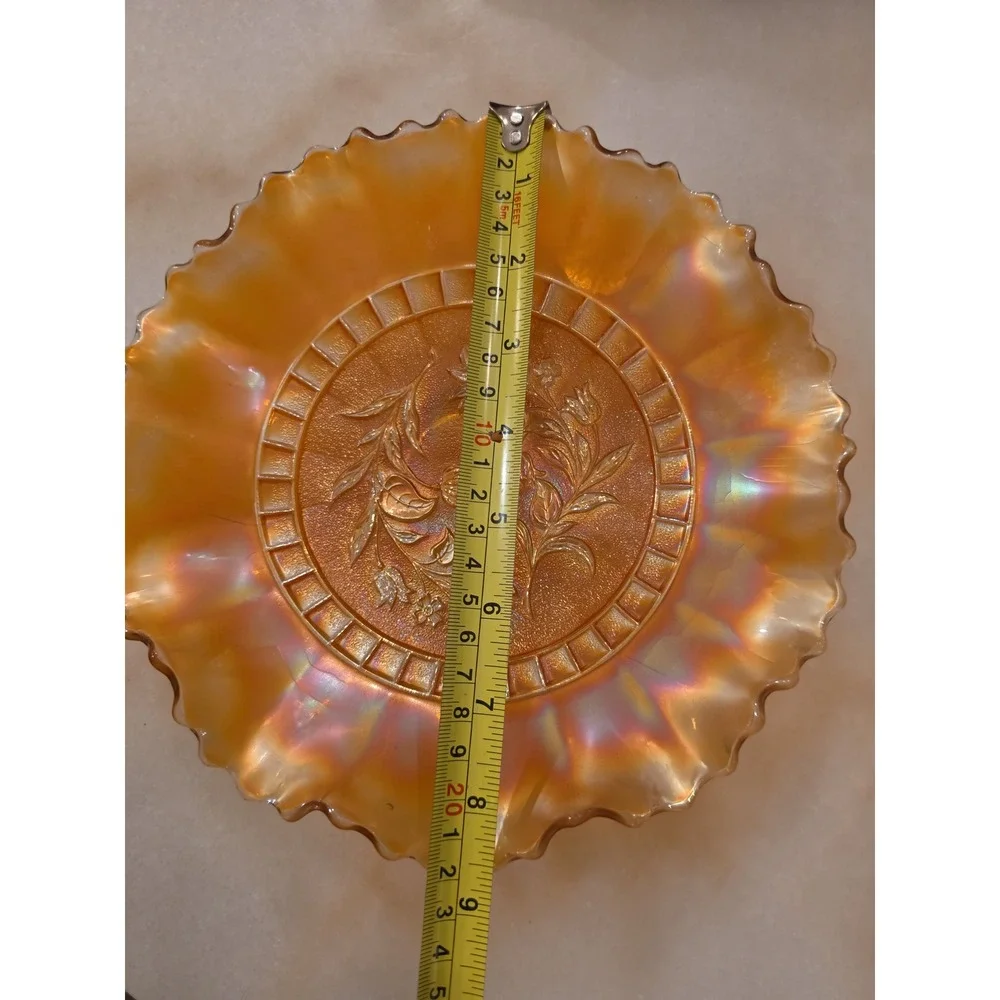 Vintage Carnival Glass Marigold Orange Iridescent Rose Plate and Ruffled Bowl